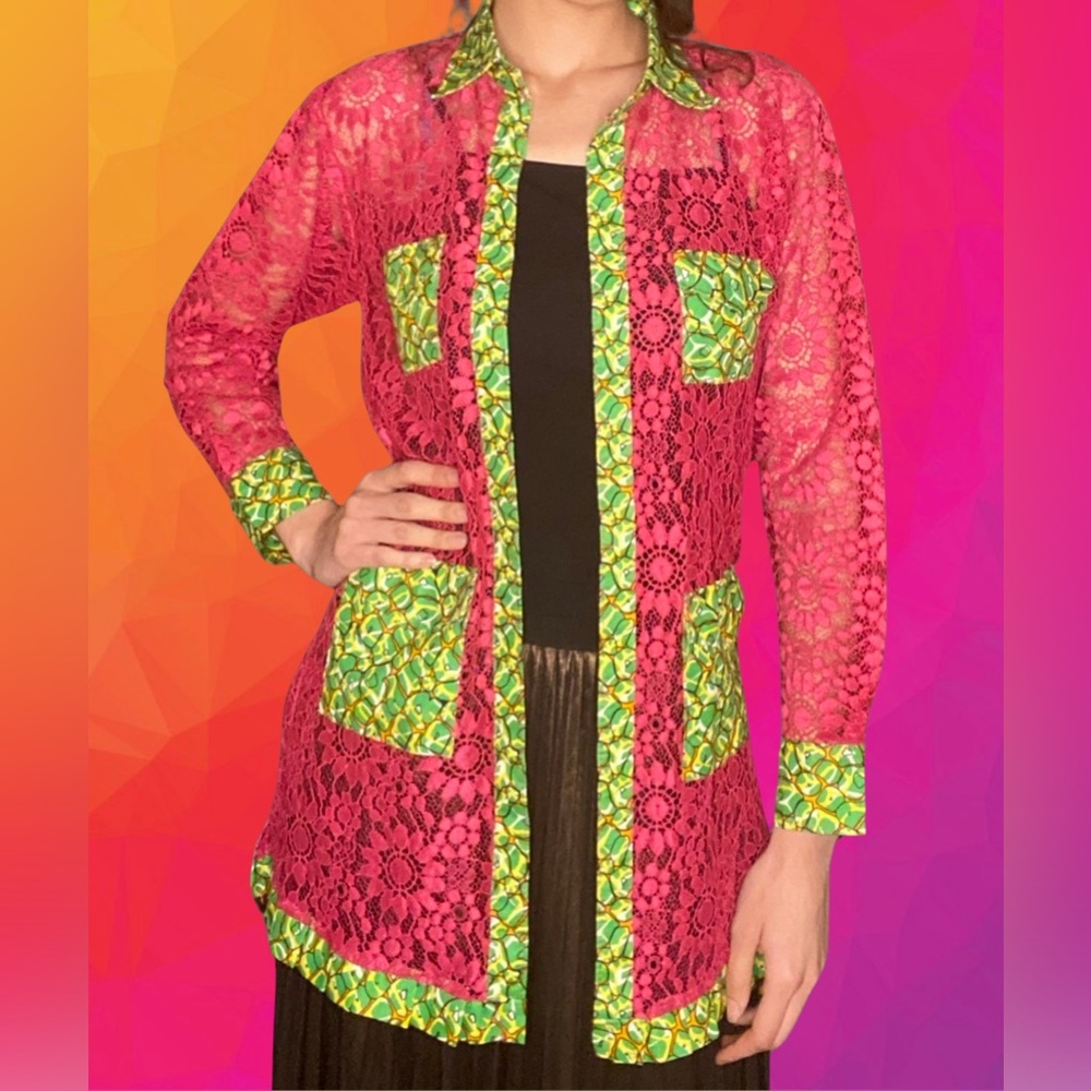 Vintage 60s/70s Floral Crochet Lace Hot Pink Magenta Cardigan w/ Lime Green Trim